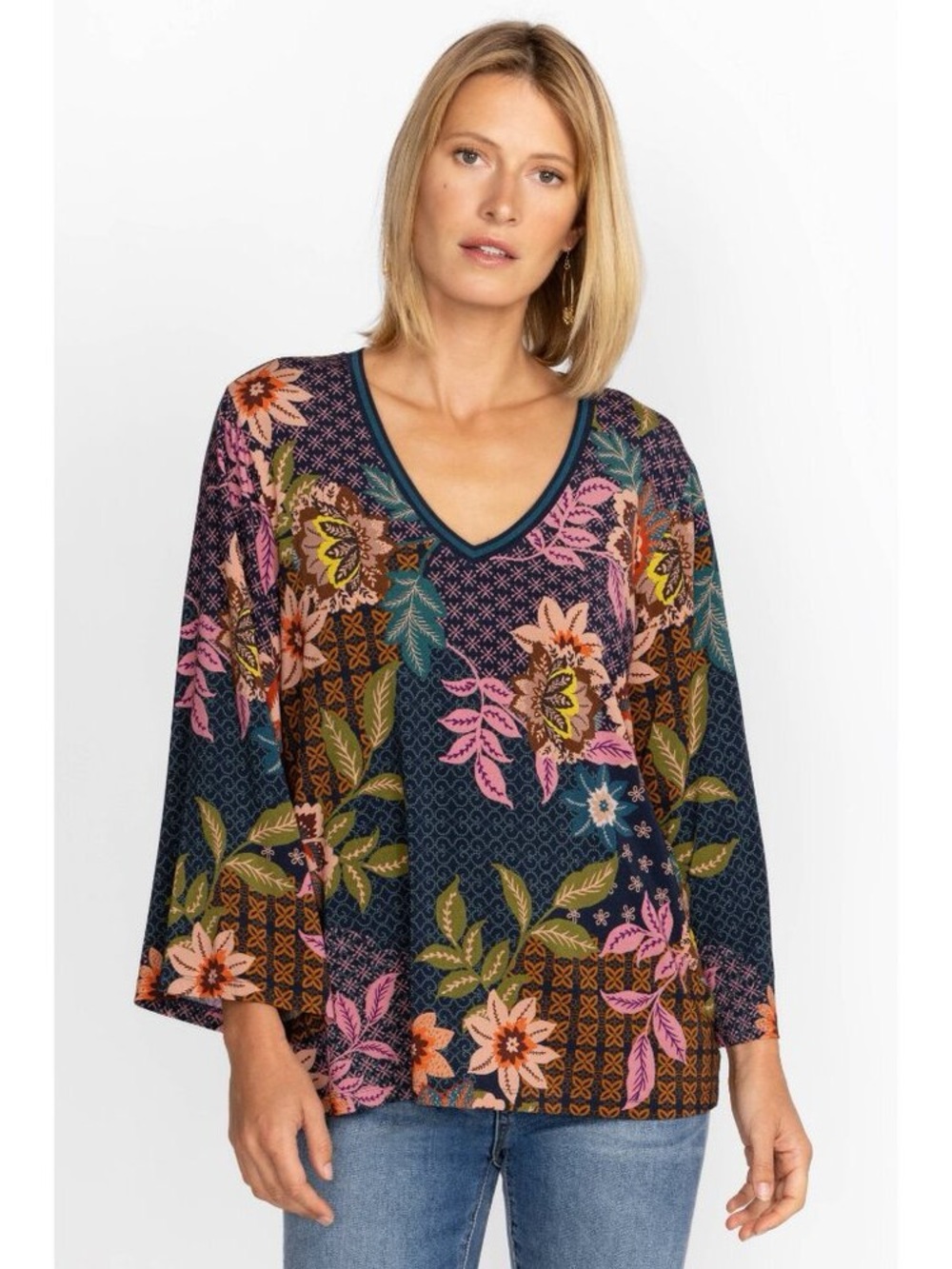 Johnny Was Navy Floral Patchwork V-Neck Tunic NWOT